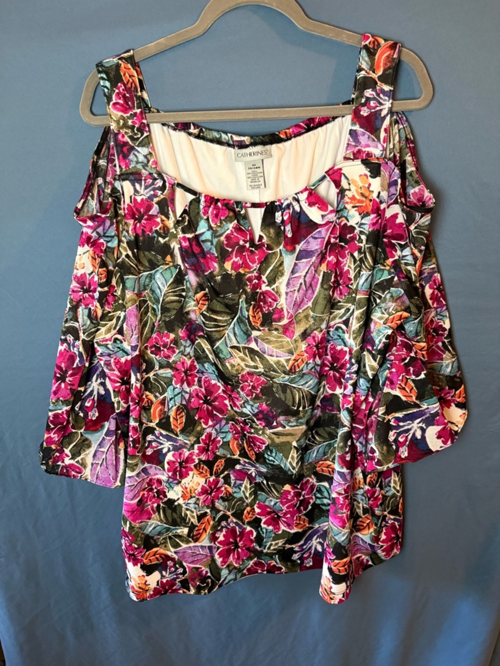 Catherines Floral Cold-Shoulder Blouse in Magenta and Green